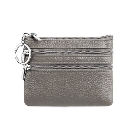 Genuine Leather Coin Purse Mini Wallet with Triple Zipper Pockets Key Ring Holder Pouch for Cash & Cards - Grey
