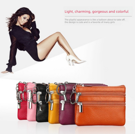 Genuine Leather Coin Purse Mini Wallet with Triple Zipper Pockets Key Ring Holder Pouch for Cash & Cards - Beige White