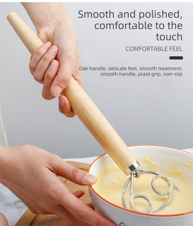 Danish Dough Whisk with Long Oak Handle - 13 Inch Stainless Steel Bread Mixer Tool for Sourdough, Pizza & Pastry - Heavy Duty Hand Held Flour Blender (Single Loop Design)