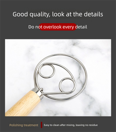 Danish Dough Whisk with Long Oak Handle - 13 Inch Stainless Steel Bread Mixer Tool for Sourdough, Pizza & Pastry - Heavy Duty Hand Held Flour Blender (Single Loop Design)