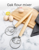 Triple Loop Danish Dough Whisk with Long Oak Handle - 13 Inch Stainless Steel Bread Mixer for Sourdough, Eggs & Batter - Hand Held Flour Blender (3 Eye Design)