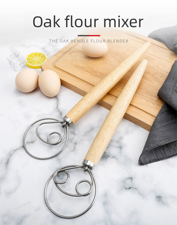 Triple Loop Danish Dough Whisk with Long Oak Handle - 13 Inch Stainless Steel Bread Mixer for Sourdough, Eggs & Batter - Hand Held Flour Blender (3 Eye Design)