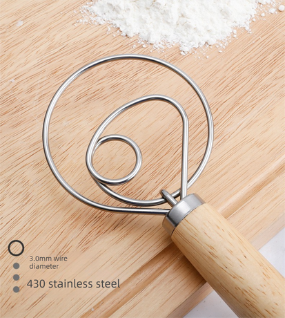 Triple Loop Danish Dough Whisk with Long Oak Handle - 13 Inch Stainless Steel Bread Mixer for Sourdough, Eggs & Batter - Hand Held Flour Blender (3 Eye Design)