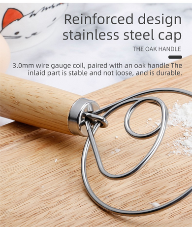 Triple Loop Danish Dough Whisk with Long Oak Handle - 13 Inch Stainless Steel Bread Mixer for Sourdough, Eggs & Batter - Hand Held Flour Blender (3 Eye Design)