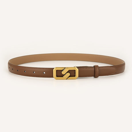 Womens Genuine Leather Belt Caramel 2.3cm Wide Gold Buckle Waist Strap for Jeans & Dresses Elegant Fashion Accessory