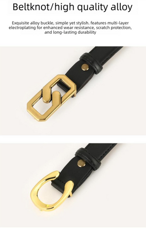 Womens Genuine Leather Belt Black 2.3cm Wide Gold Buckle Waist Strap for Jeans & Dresses Elegant Fashion Accessory