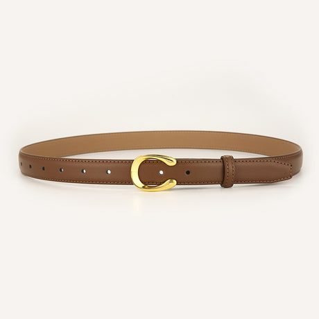 Womens Genuine Leather Belt Caramel C-Shape Gold Buckle Waist Strap for Jeans & Dresses Classic Fashion Accessory
