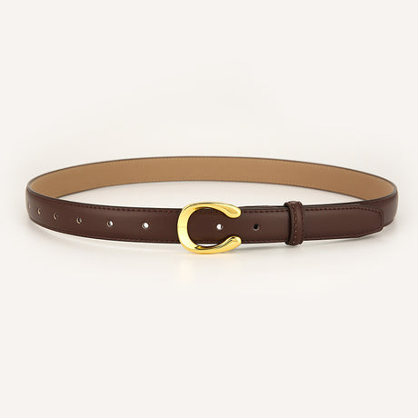 Womens Genuine Leather Belt Coffee C-Shape Gold Buckle Waist Strap for Jeans & Dresses Classic Fashion Accessory