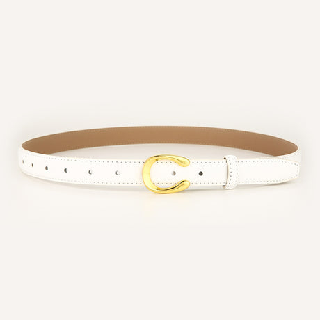 Womens Genuine Leather Belt White C-Shape Gold Buckle Waist Strap for Jeans & Dresses Classic Fashion Accessory