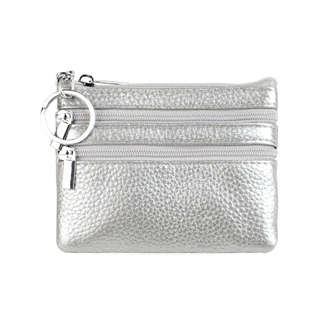 Genuine Leather Coin Purse Mini Wallet with Triple Zipper Pockets Key Ring Holder Pouch for Cash & Cards - Silver