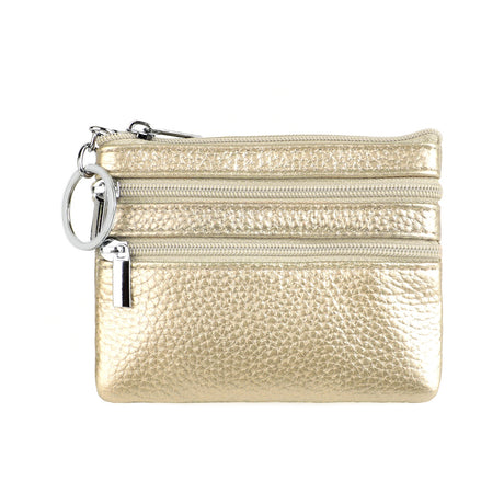 Genuine Leather Coin Purse Mini Wallet with Triple Zipper Pockets Key Ring Holder Pouch for Cash & Cards - Gold