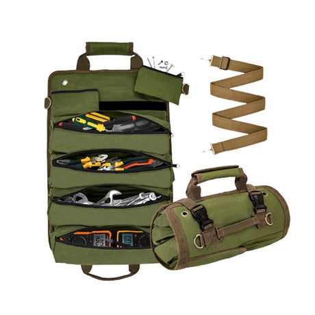 Heavy Duty Tool Roll Up Bag Organiser Multi-Pocket Canvas Carry Pouch for Electrician DIY Mechanic & 4WD Camping Green
