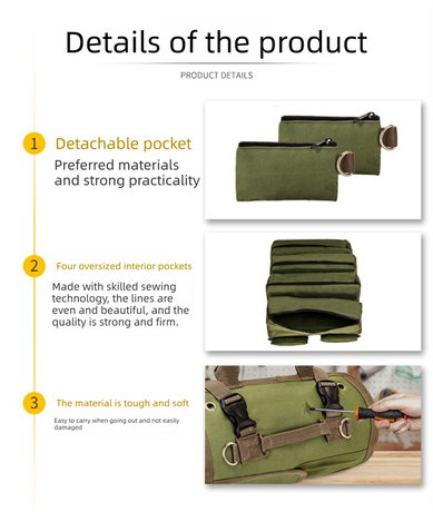 Heavy Duty Tool Roll Up Bag Organiser Multi-Pocket Canvas Carry Pouch for Electrician DIY Mechanic & 4WD Camping Green