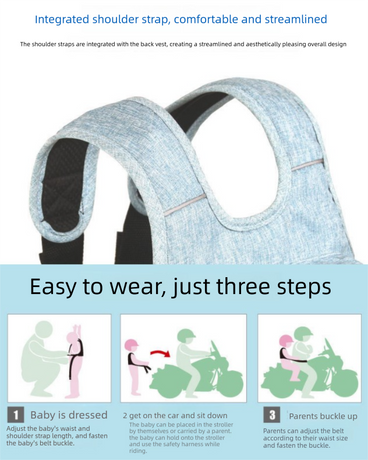 Child Motorcycle Safety Harness Strap Adjustable Passenger Belt with Handles & Storage Pocket Breathable Linen Black for Scooter