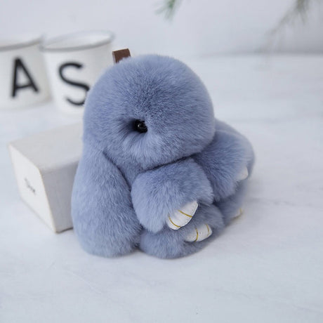Fluffy Mini Rex Rabbit Fur Keychain Cute Bunny Bag Charm - Soft Plush Animal Doll Key Ring for Car Keys & Handbags - Light Grey