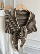 Light Khaki Striped Wool Blend Knitted Triangle Scarf - Soft Warm Shawl Neck Wrap for Women - Chic Autumn Layering Accessory - Beige