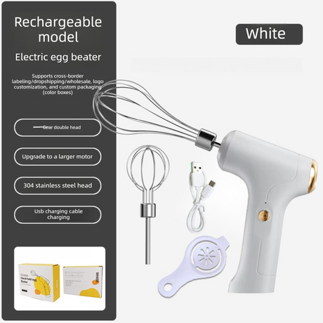 Electric Handheld Egg Whisk and Cream Whipper Set with Egg White Separator J-8 White Dual-Head Automatic Mixer Kit