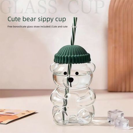 Creative Bear Shape Glass Water Bottle with Straw Cute Cartoon Coffee Cup and Cold Drink Tumbler – Green Hat Bear Edition