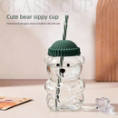 Creative Bear Shape Glass Water Bottle with Straw Cute Cartoon Coffee Cup and Cold Drink Tumbler – Orange Hat Bear Edition
