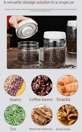 500ml Vacuum Sealed Glass Coffee Canister - One-Press Airtight Food Storage Jar - Moisture-Proof High Borosilicate Container for Beans & Tea (White Lid)