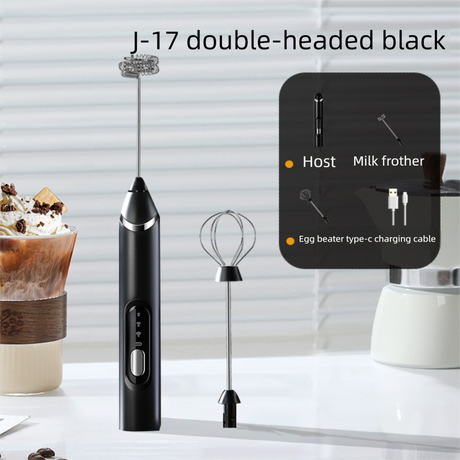Rechargeable Electric Milk Frother Handheld - 3 Speed Adjustable Foam Maker with 2 Stainless Steel Whisks - Portable Coffee Mixer & Egg Beater for Flat Whites, Lattes & Baking (Black)