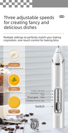 Rechargeable 3-in-1 Milk Frother Set with Metal Stand - Handheld Electric Whisk, Egg Beater & Mixing Hook - 3 Speed Foam Maker for Coffee, Lattes & Baking (Black)