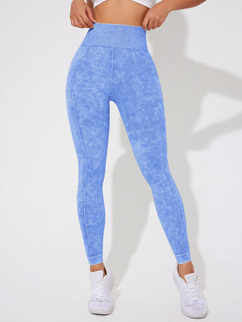 Seamless High Waisted Yoga Leggings 2 PCS Solid Black and Sand Washed Blue Size L Moisture Wicking Activewear