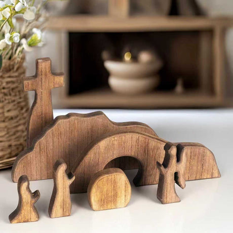 Easter Resurrection Scene Set Mini Wooden Figurine Ornament – Handcrafted Cross & Tomb Creative Tabletop Decoration