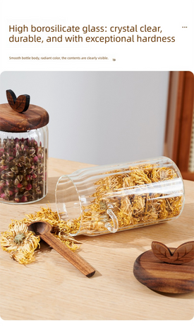 600ml Premium Borosilicate Glass Storage Jar with Acacia Wood Lid & Integrated Spoon – Airtight Moisture-Proof Kitchen Canister for Tea, Coffee, and Spices