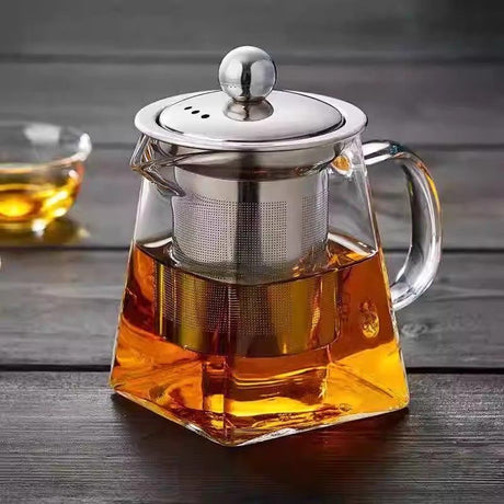 450ml Heat Resistant Glass Teapot with 304 Stainless Steel Infuser Square Base Loose Leaf Tea Maker for Home Office