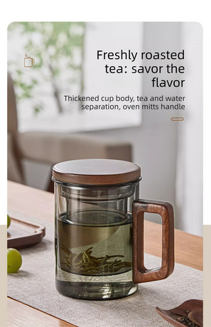 400ml Smoky Grey Borosilicate Glass Tea Mug with Infuser and Wooden Handle Loose Leaf Teacup for Office