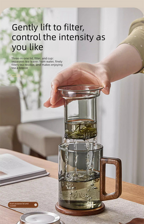 400ml Smoky Grey Borosilicate Glass Tea Mug with Infuser and Wooden Handle Loose Leaf Teacup for Office