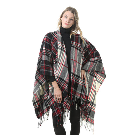 Women's Plaid Open-Front Poncho Cape – Soft Faux Cashmere Scarf Wrap with Tassel Detail (130 x 150cm)Style P26