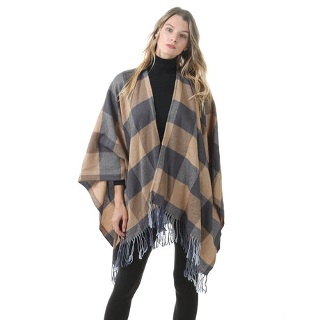 Women's Plaid Open-Front Poncho Cape – Soft Faux Cashmere Scarf Wrap with Tassel Detail (130 x 150cm)- Style P30