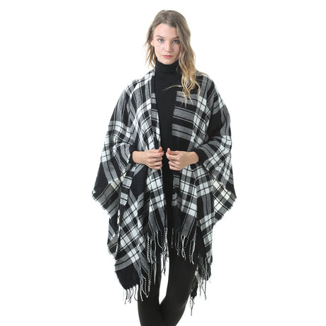 Women's Plaid Open-Front Poncho Cape – Soft Faux Cashmere Scarf Wrap with Tassel Detail (130 x 150cm)- Style P727