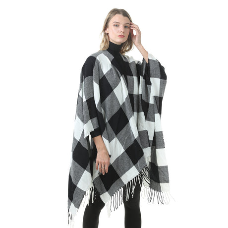 Women's Plaid Open-Front Poncho Cape – Soft Faux Cashmere Scarf Wrap with Tassel Detail (130 x 150cm)- Style P397