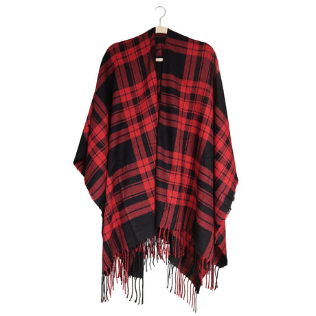 Women's Plaid Open-Front Poncho Cape – Soft Faux Cashmere Scarf Wrap with Tassel Detail (130 x 150cm)- Style P728