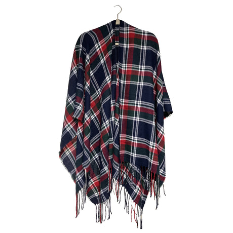 Women's Plaid Open-Front Poncho Cape – Soft Faux Cashmere Scarf Wrap with Tassel Detail (130 x 150cm)- Style P729
