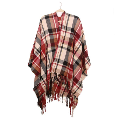 Women's Plaid Open-Front Poncho Cape – Soft Faux Cashmere Scarf Wrap with Tassel Detail (130 x 150cm)- Style A06