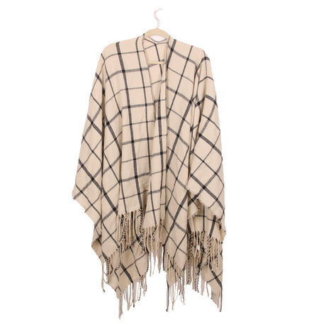 Women's Plaid Open-Front Poncho Cape – Soft Faux Cashmere Scarf Wrap with Tassel Detail (130 x 150cm)- Style A24