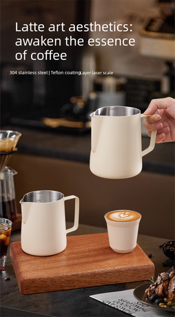 350ml Stainless Steel Milk Frothing Pitcher Pointed Spout Steaming Jug with Measurement Marks for Latte Art Home Baristas White