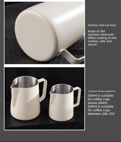 350ml Stainless Steel Milk Frothing Pitcher Pointed Spout Steaming Jug with Measurement Marks for Latte Art Home Baristas White