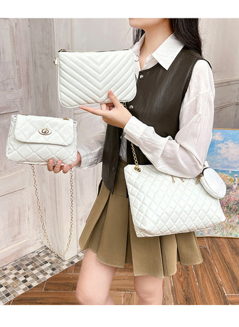 4-Piece PU Leather Rhombus Handbag Set - Large Capacity Shoulder Bag with Secure Zipper & Buckle Closure, Stylish Strap & Charms(White)