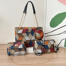 4-PCS Plaid Contrast-Color Handbag Set - Large Capacity PU Leather Shoulder Bag with Secure Zipper & Buckle Closure, Stylish Strap & Charms(Brown & Blue)