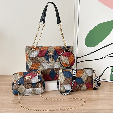 4-PCS Plaid Contrast-Color Handbag Set - Large Capacity PU Leather Shoulder Bag with Secure Zipper & Buckle Closure, Stylish Strap & Charms(Brown & Blue)