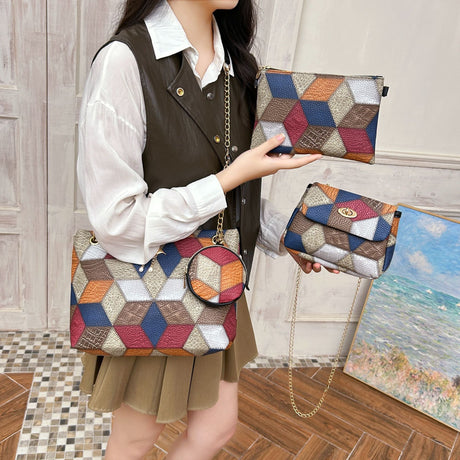 4-PCS Plaid Contrast-Color Handbag Set - Large Capacity PU Leather Shoulder Bag with Secure Zipper & Buckle Closure, Stylish Strap & Charms(Brown & Blue)