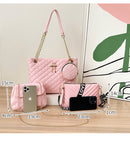 4-PCS Plaid Contrast-Color Handbag Set - Large Capacity PU Leather Shoulder Bag with Secure Zipper & Buckle Closure, Stylish Strap & Charms(Brown & Blue)