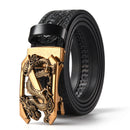 Black 120CM Men's Genuine Cowhide Vintage Carved Belt with Gold Dragon Design Automatic Sliding Buckle