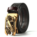 Brown 120CM Men's Genuine Cowhide Vintage Carved Belt with Gold Dragon Design Automatic Sliding Buckle