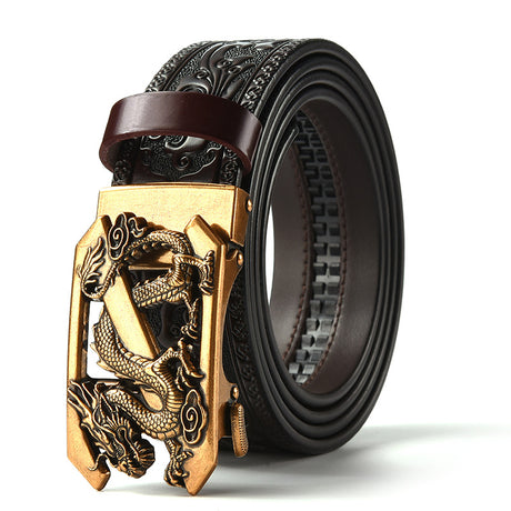 Brown 120CM Men's Genuine Cowhide Vintage Carved Belt with Gold Dragon Design Automatic Sliding Buckle